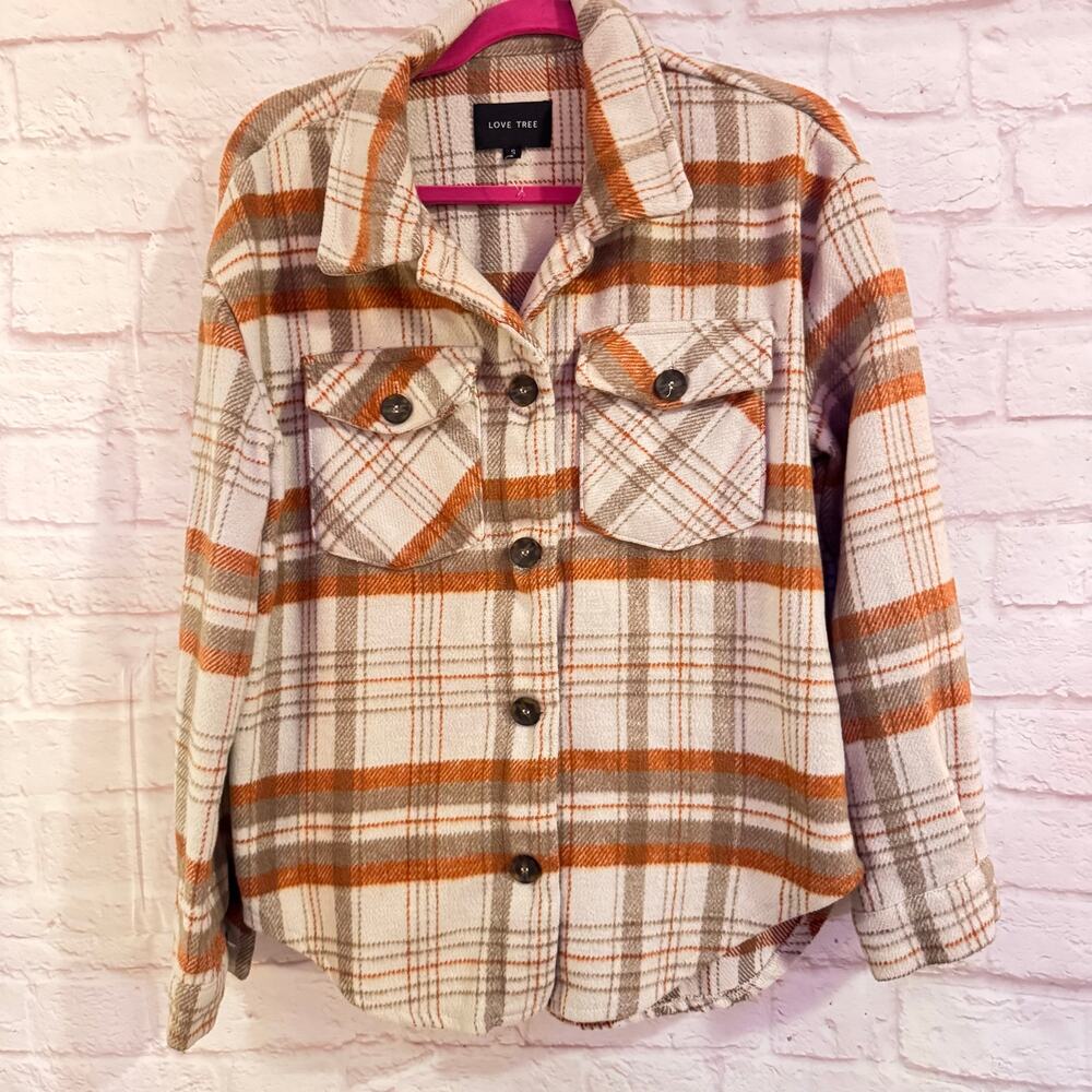 Love Tree shacket sz S cream with brown and orange lines -square cut button up